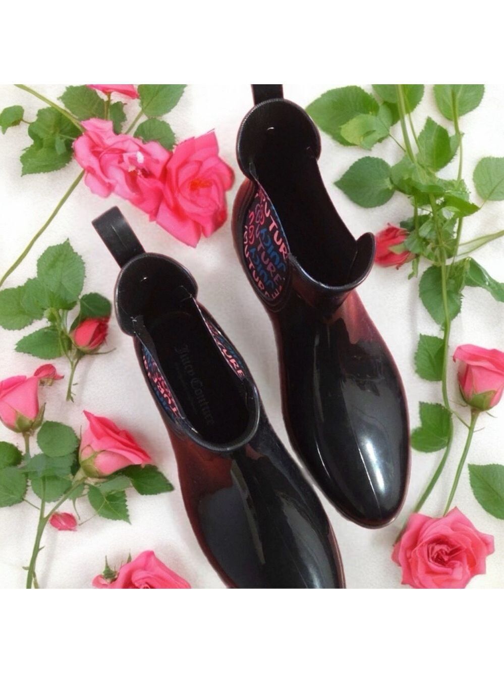 Juicy Couture Romance Black Glossy Rain Boots Waterproof Chelsea Style Logo NWOB - Picture 3 of 8